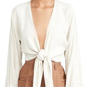 Adri Just Bee Queen Tie Front Linen Blouse Balloon Sleeve Cream Size S